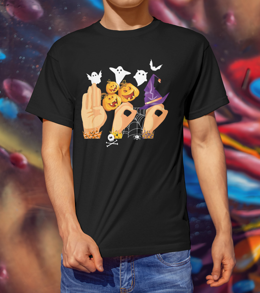 ASL Boo Sign Language Ghosts Pumpkins Witch Hat Halloween T-Shirt