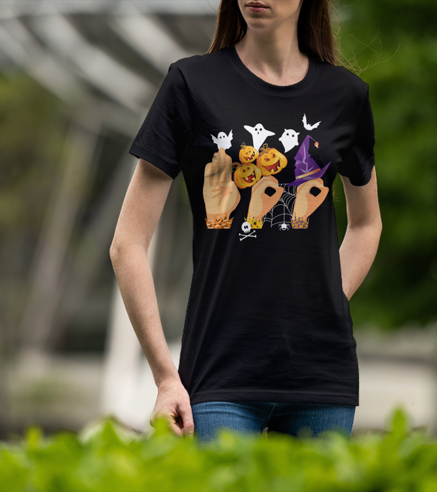 ASL Boo Sign Language Ghosts Pumpkins Witch Hat Halloween T-Shirt