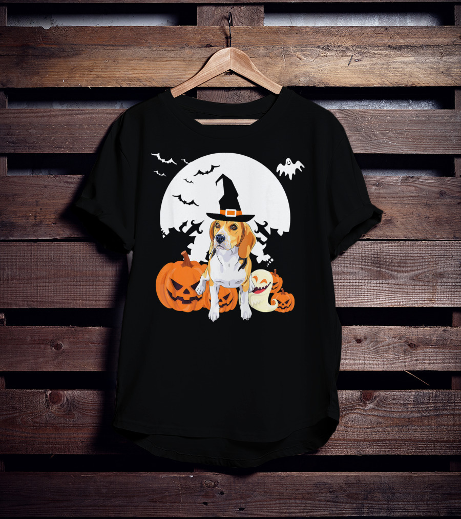 Happy Halloween Witch Beagle With Pumpkins And Ghosts T-Shirt