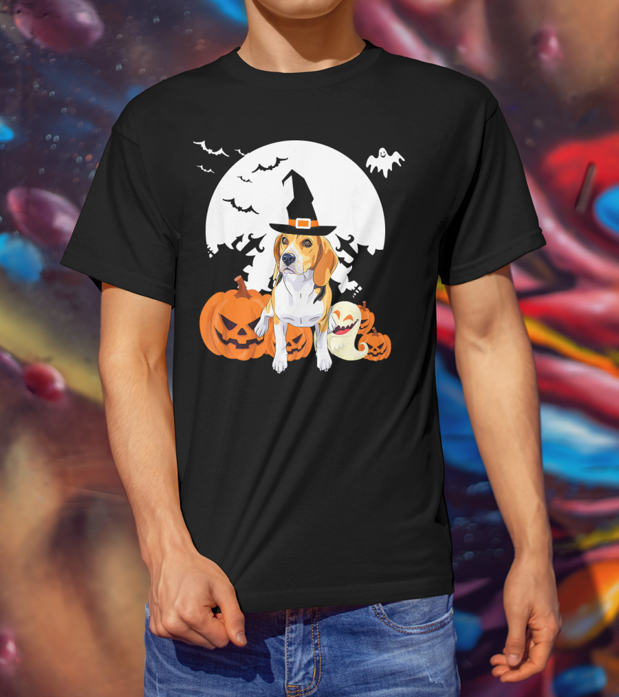 Happy Halloween Witch Beagle With Pumpkins And Ghosts T-Shirt