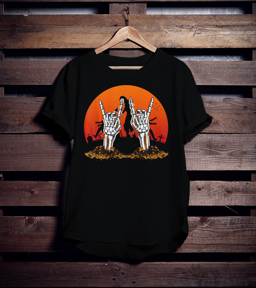 Halloween Skeleton Rocker Graveyard Sunset With Rock Hands T-Shirt
