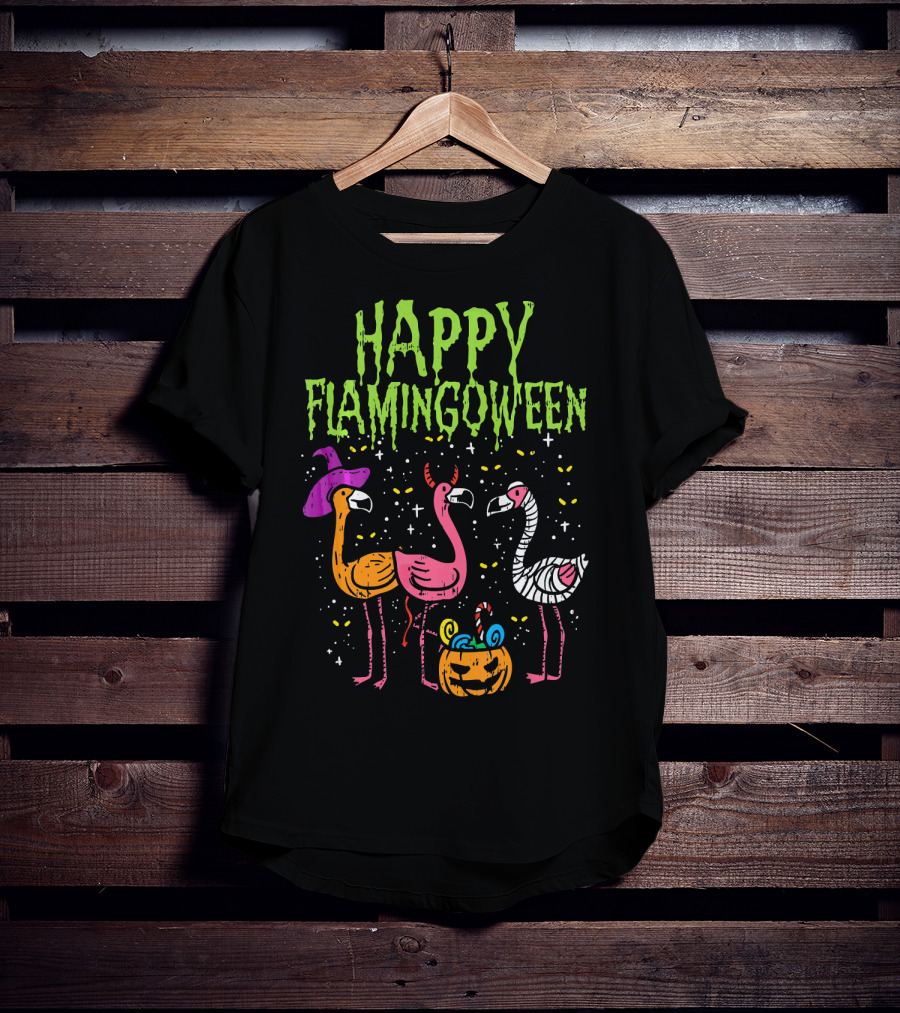 Happy Flamingoween Witch, Devil, Mummy Flamingo Halloween Pumpkin Candy T-Shirt