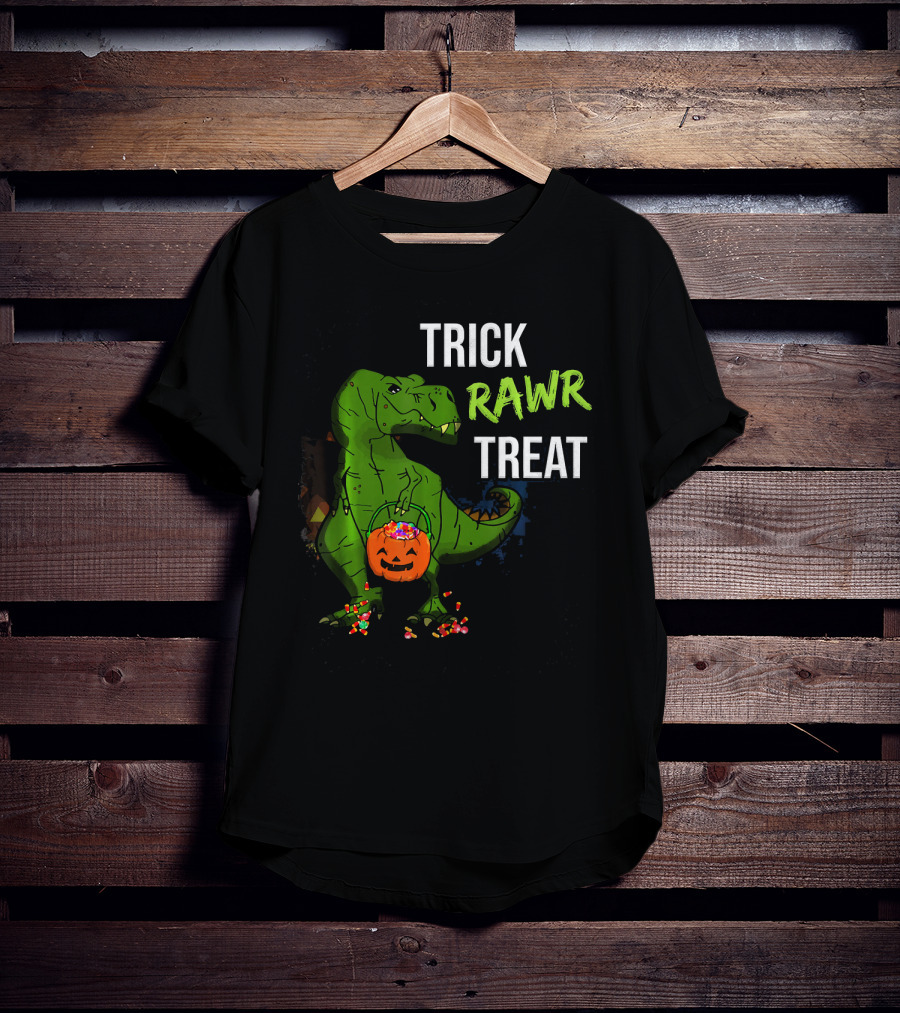 Trick Rawr Treat Halloween Rex Dinosaur With Candy And Pumpkin T-Shirt