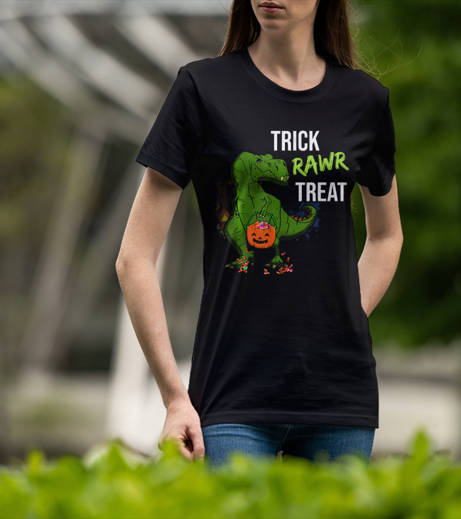 Trick Rawr Treat Halloween Rex Dinosaur With Candy And Pumpkin T-Shirt