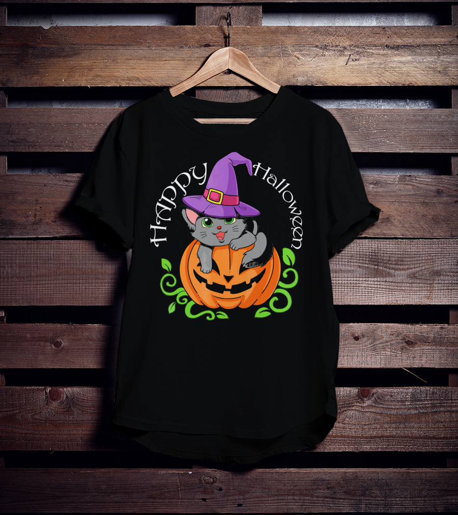 Happy Halloween Cat In Witch Hat On Pumpkin T-Shirt