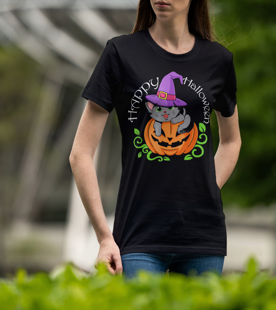 Happy Halloween Cat In Witch Hat On Pumpkin T-Shirt