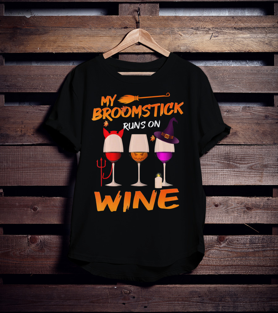 My Broomstick Runs On Wine Halloween Glasses T-Shirt