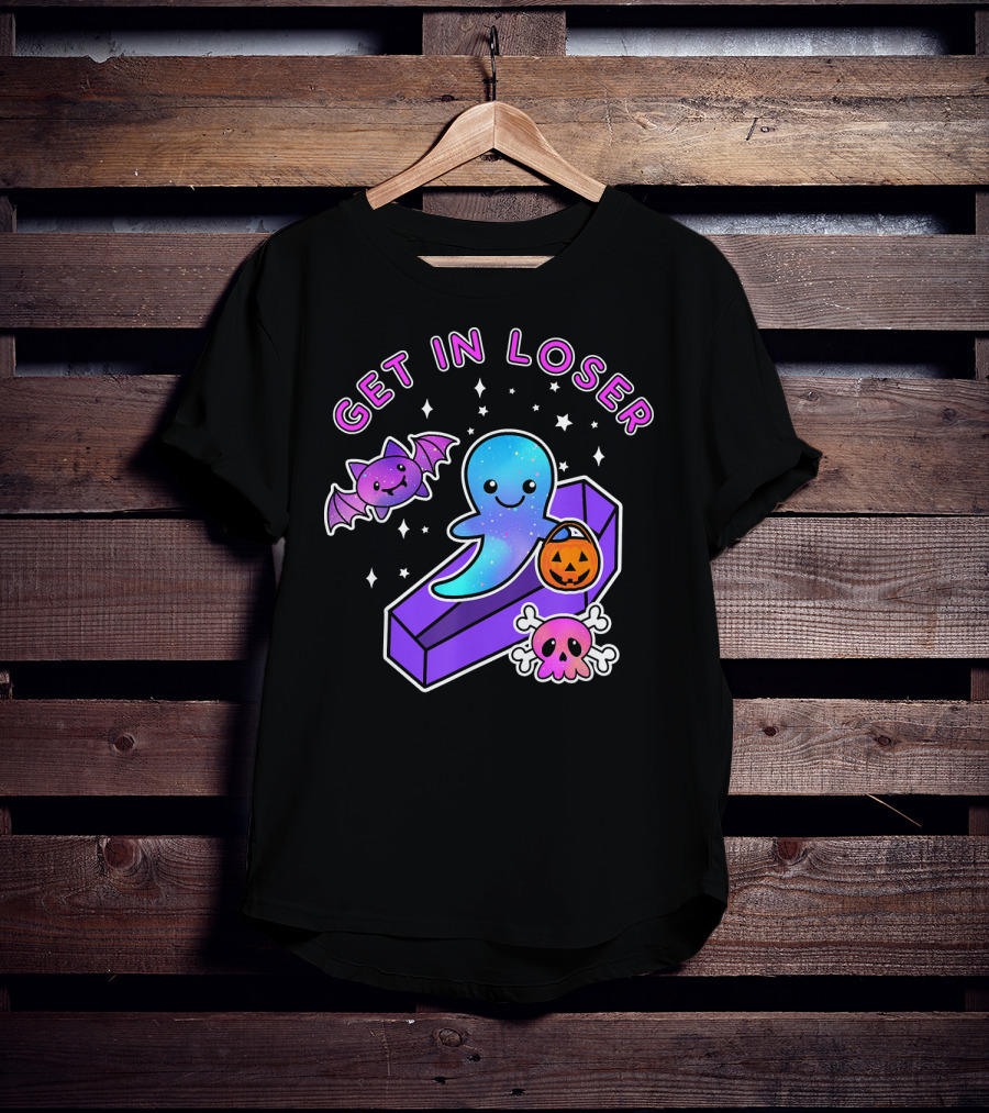 Get In Loser Kawaii Pastel Goth Halloween Ghost Coffin With Bat And Pumpkin T-Shirt