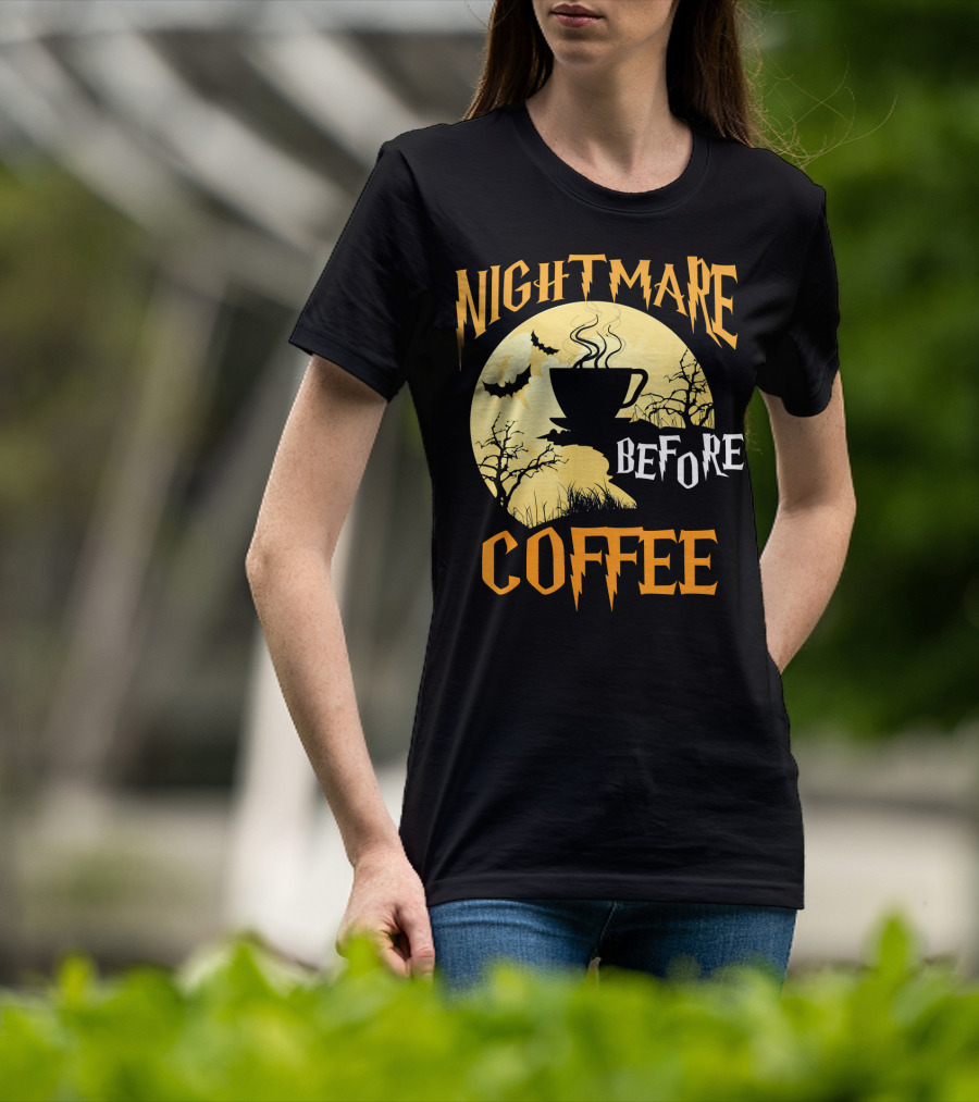 Nightmare Before Coffee Halloween Moon Bat And Tree T-Shirt