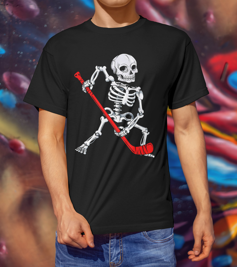 Skeleton Hockey Skeleton With Red Hockey Stick T-Shirt