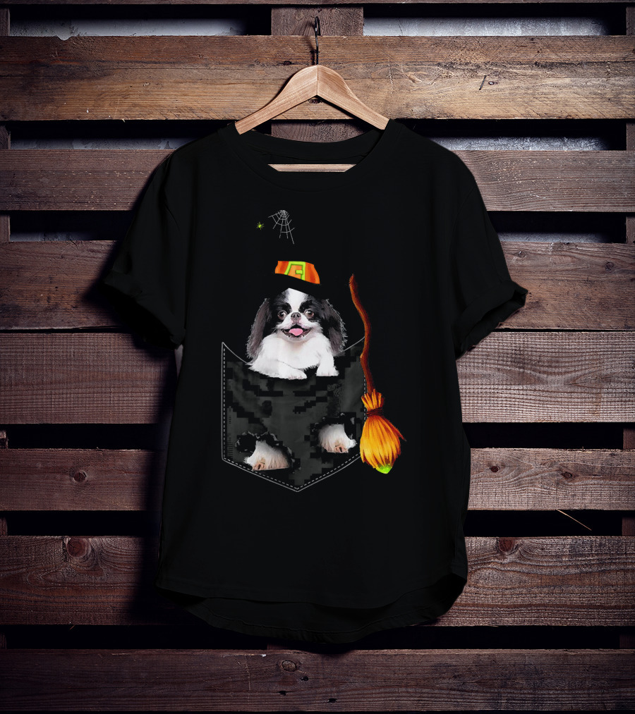 Japanese Chin Halloween Witch Hat Broom Pocket T-Shirt