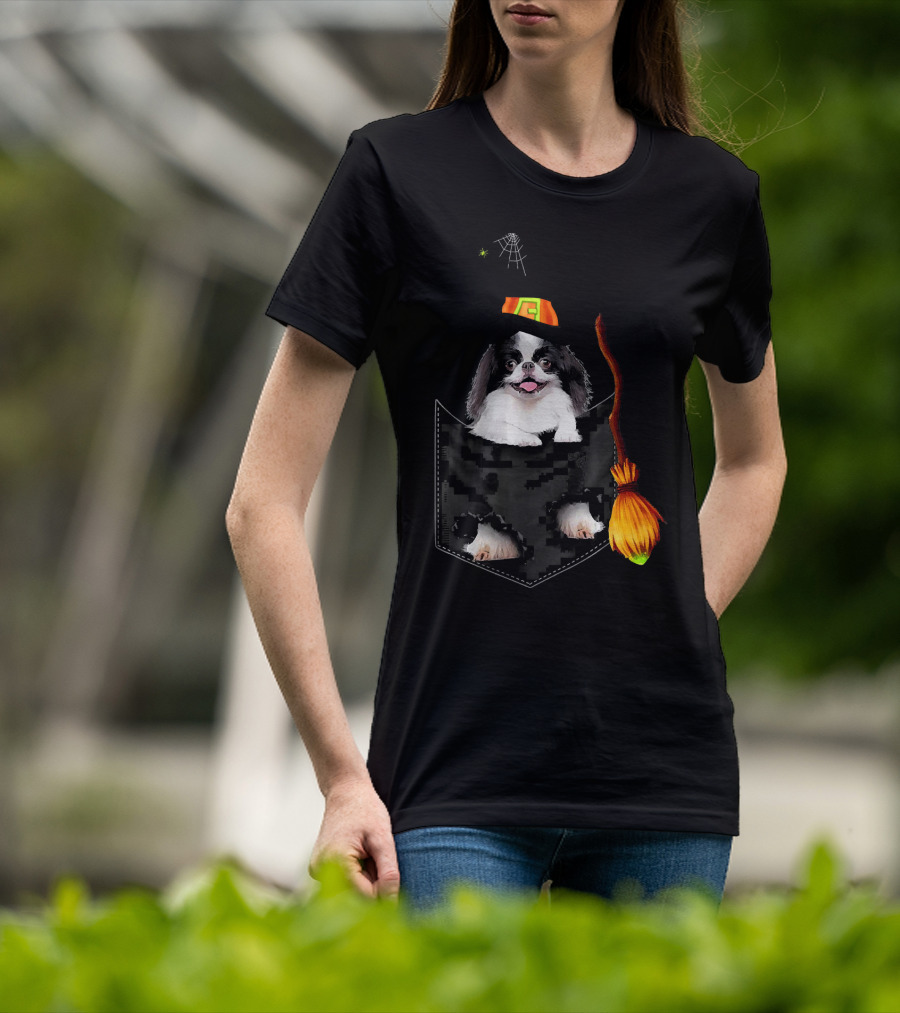 Japanese Chin Halloween Witch Hat Broom Pocket T-Shirt