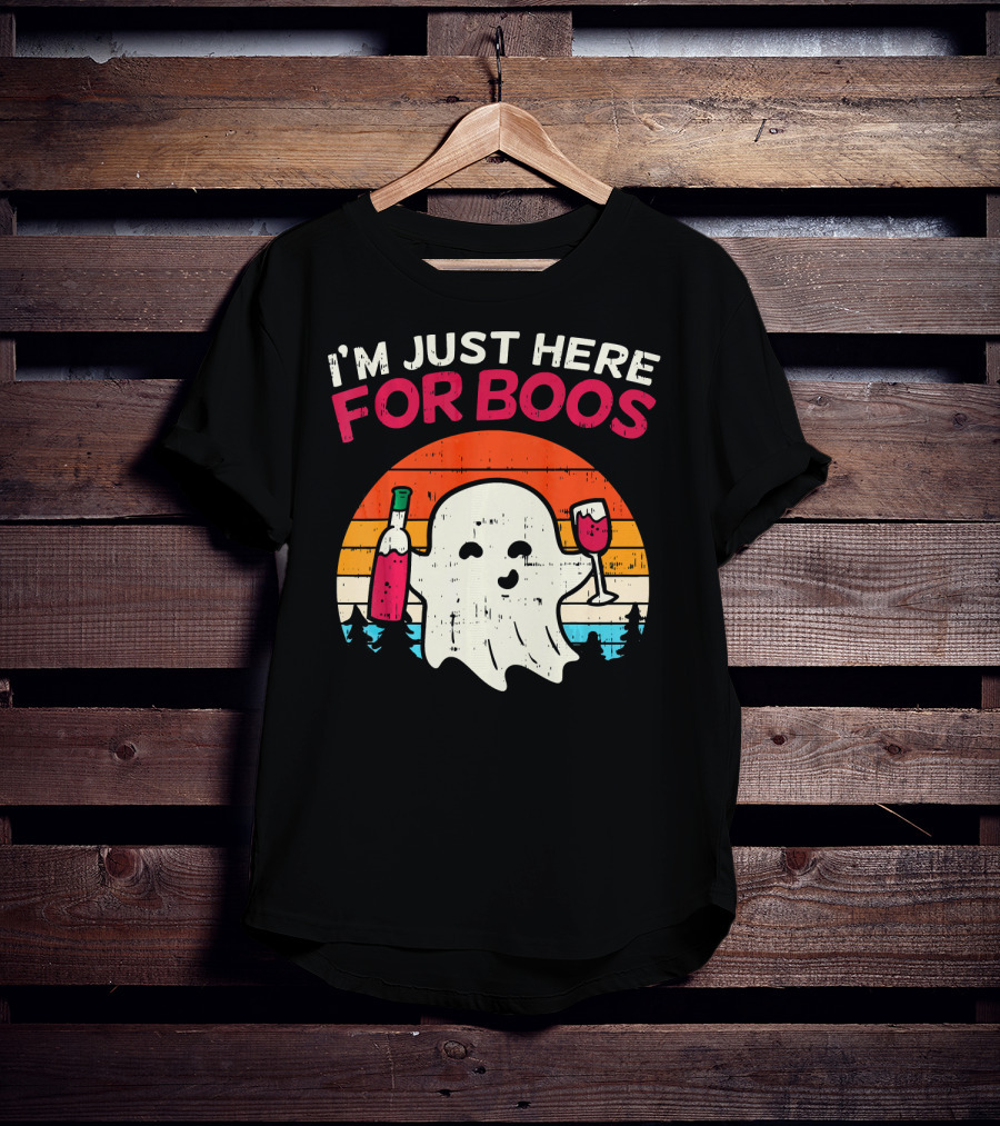 I'm Just Here For Boos Retro Ghost Wine Vintage T-Shirt