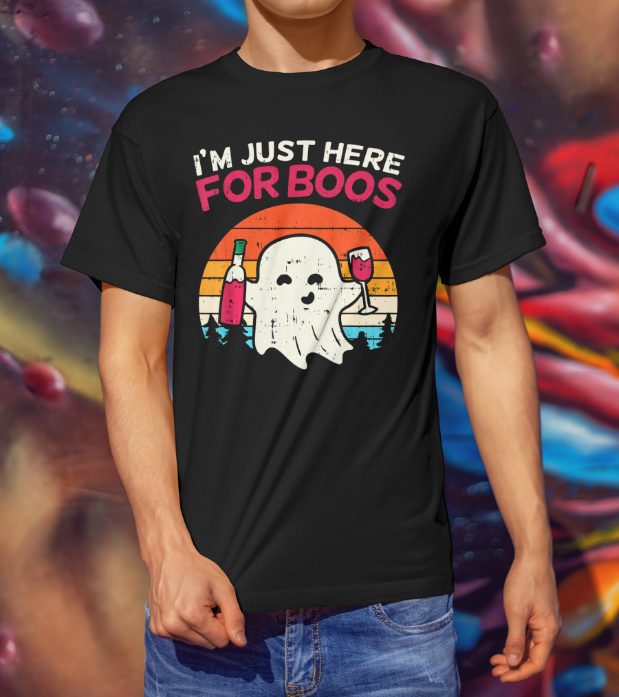 I'm Just Here For Boos Retro Ghost Wine Vintage T-Shirt