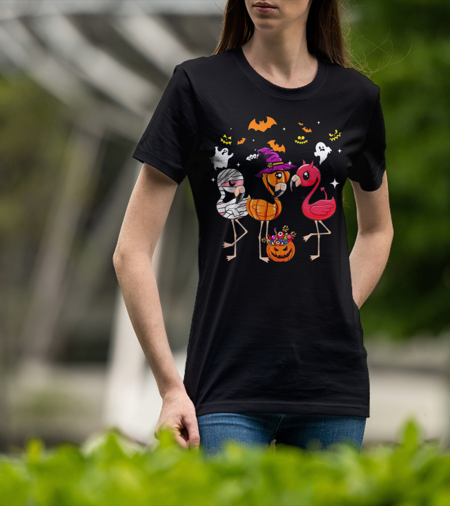 Funny Flamingo Halloween Costume Trio Mummy Witch Boo T-Shirt