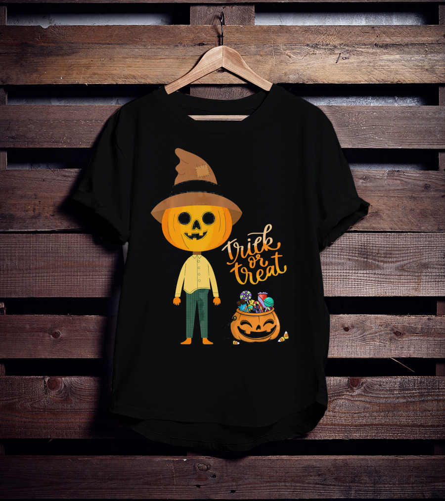 Trick Or Treat Funny Cute Halloween Pumpkin With Candy And Patchwork Hat T-Shirt
