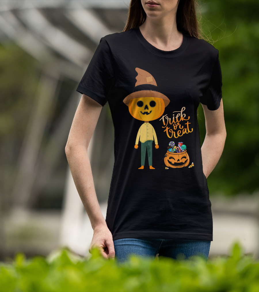 Trick Or Treat Funny Cute Halloween Pumpkin With Candy And Patchwork Hat T-Shirt