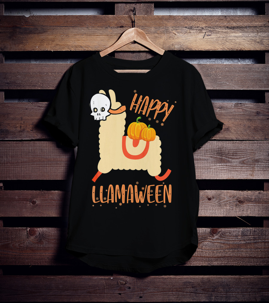 Happy Llamaween Funny Halloween Llama With Pumpkins T-Shirt