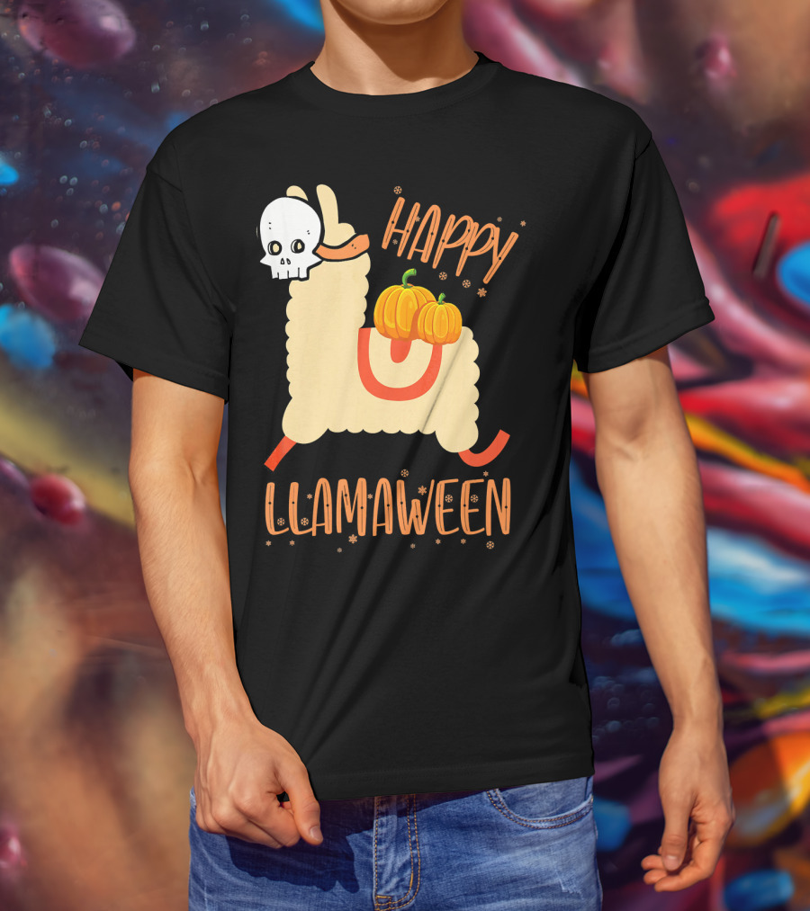 Happy Llamaween Funny Halloween Llama With Pumpkins T-Shirt