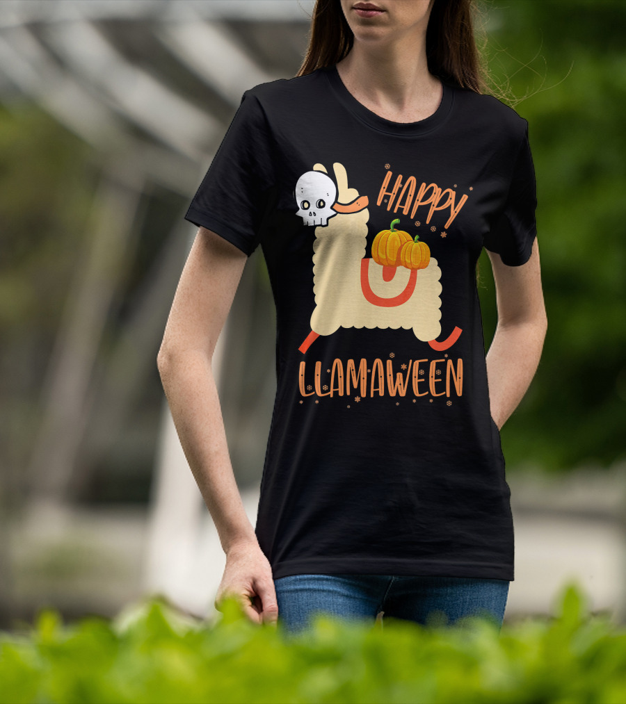 Happy Llamaween Funny Halloween Llama With Pumpkins T-Shirt