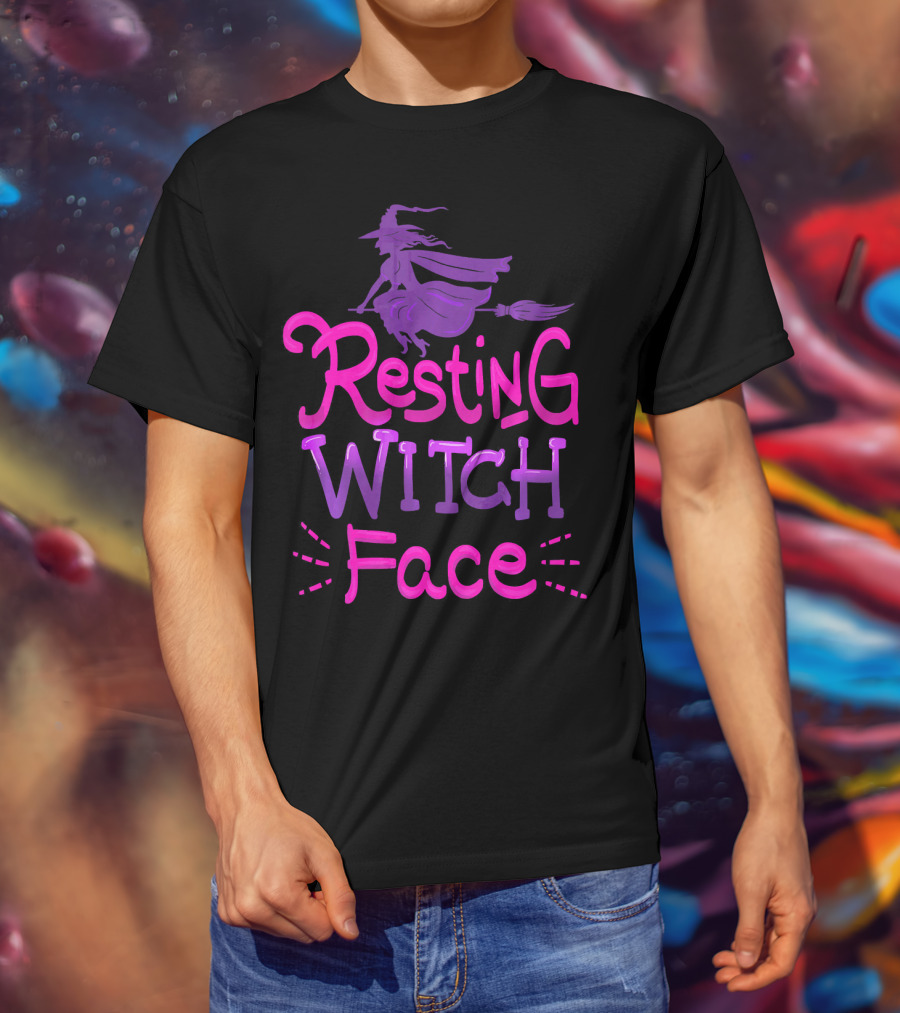 Resting Witch Face Halloween Broomstick T-Shirt