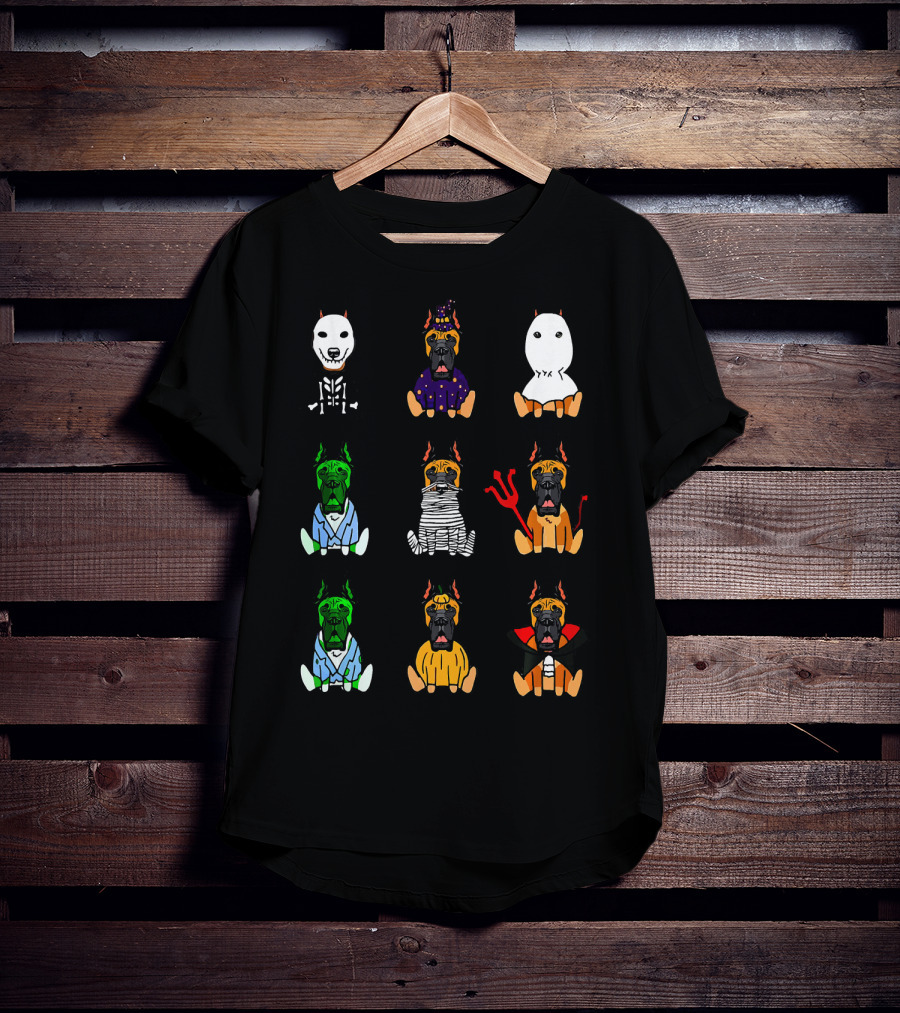Great Dane Dog Lover Halloween Costume Grid Featuring Skeleton, Witch, Ghost, Frankenstein, Mummy, Devil, Dracula, And More T-Shirt