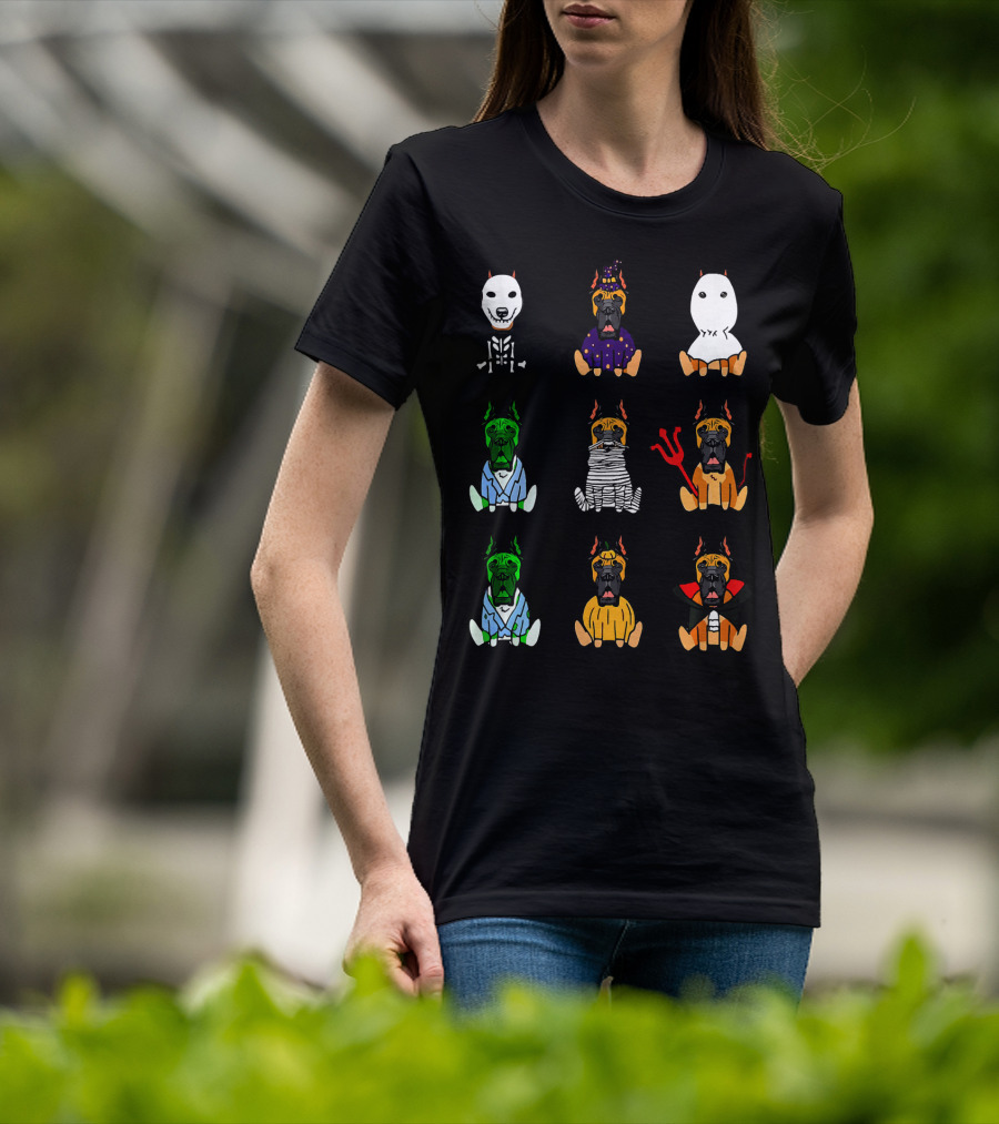 Great Dane Dog Lover Halloween Costume Grid Featuring Skeleton, Witch, Ghost, Frankenstein, Mummy, Devil, Dracula, And More T-Shirt