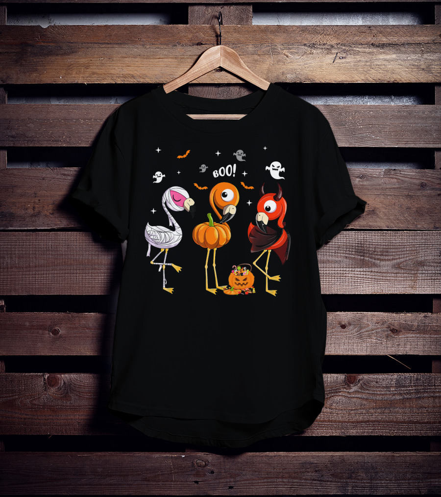 Funny Three Halloween Boo Flamingoes Pumpkin Ghosts T-Shirt