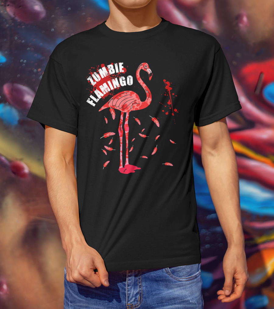 Zombie Flamingo Bird Feathers Splatter T-Shirt