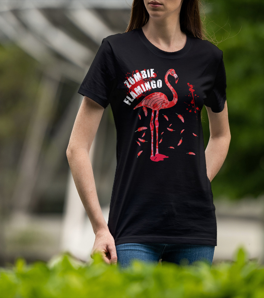 Zombie Flamingo Bird Feathers Splatter T-Shirt