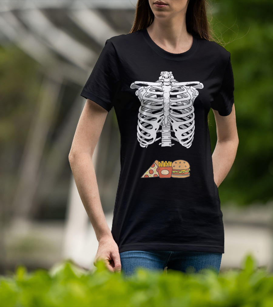 Skeleton Eating Pizza Fries And Burger T-Shirt