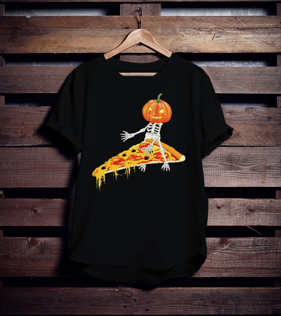 Pumpkin Head Skeleton Sitting On Pizza Slice With Pepperoni T-Shirt