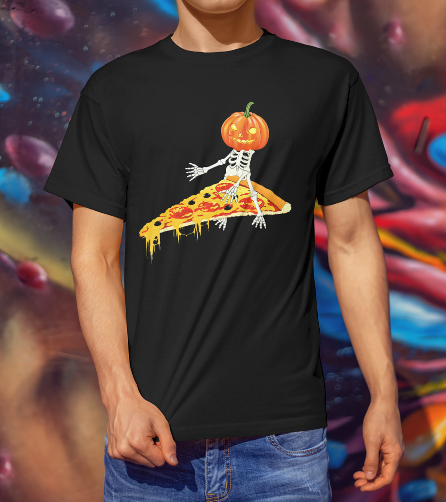 Pumpkin Head Skeleton Sitting On Pizza Slice With Pepperoni T-Shirt