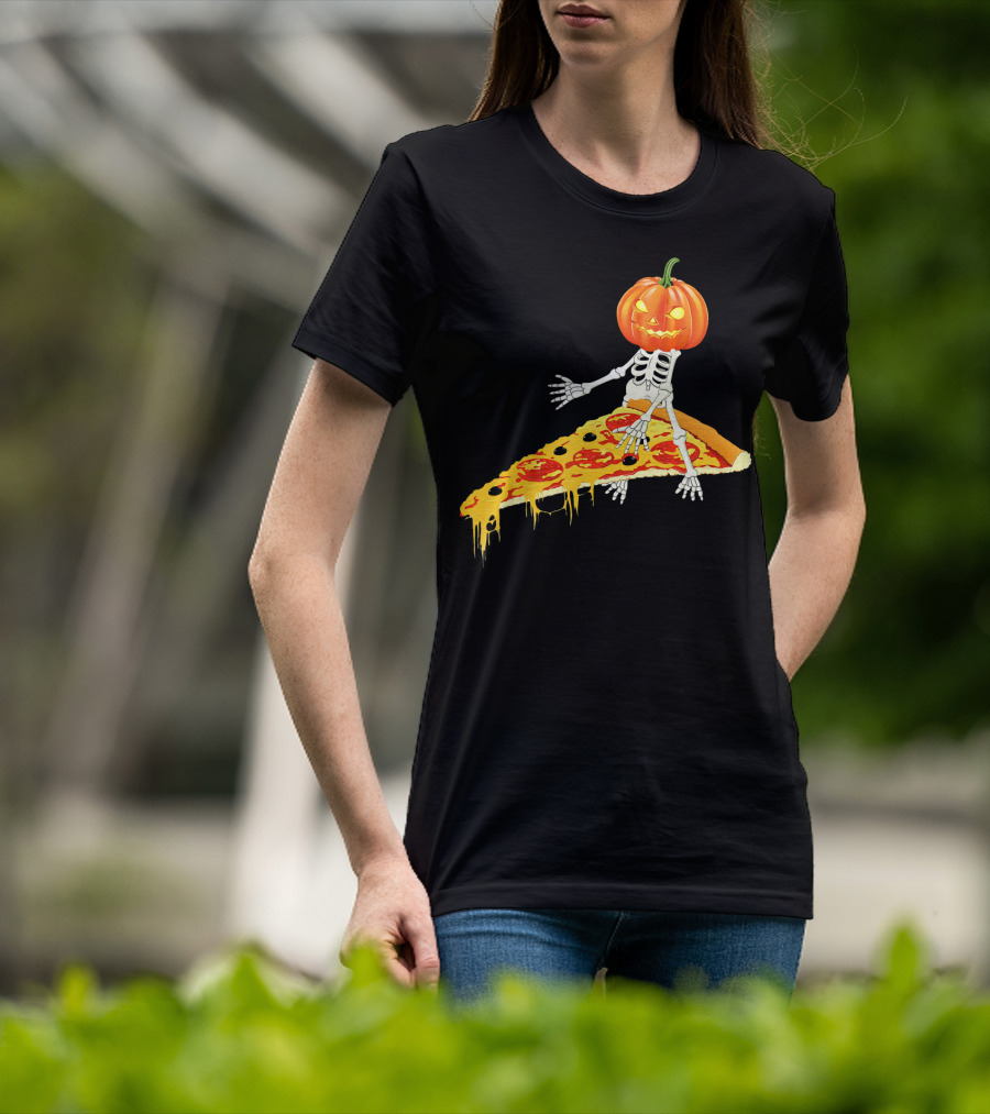 Pumpkin Head Skeleton Sitting On Pizza Slice With Pepperoni T-Shirt