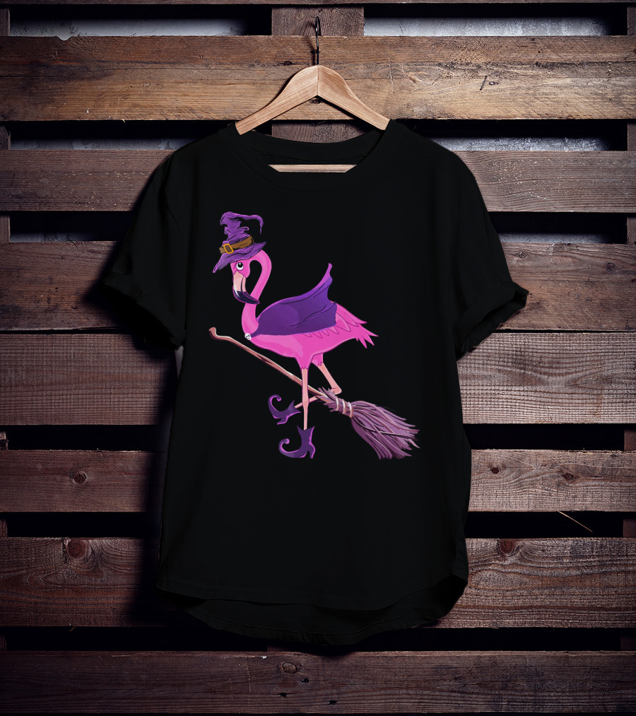 Flamingo Witch Riding Broomstick Funny Halloween T-Shirt