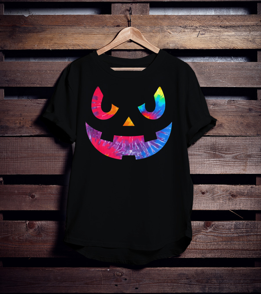 Scary Rainbow Tie Dye Jack O Lantern Face T-Shirt