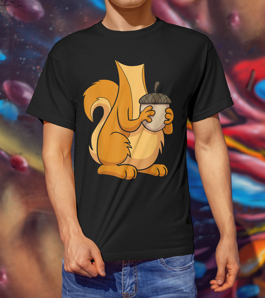 Squirrel Holding Acorn Cartoon T-Shirt