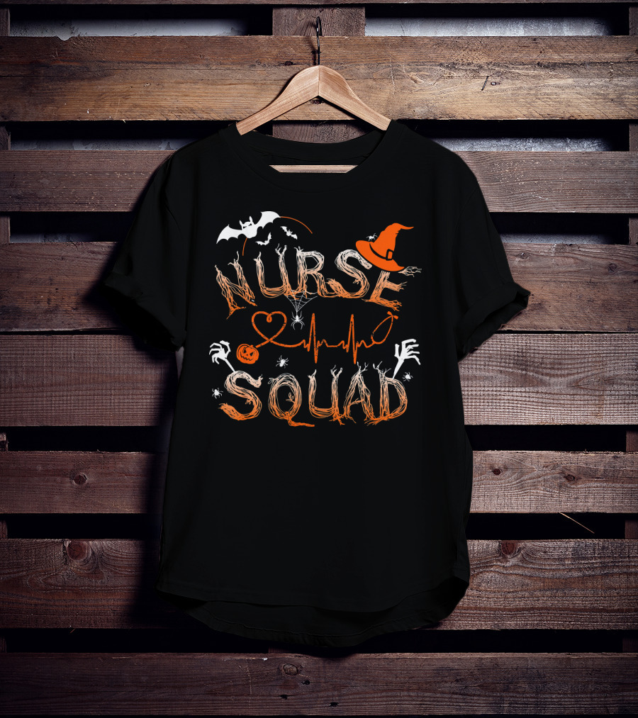 Nurse Squad Halloween Theme With Witch Hat And Bat Elements T-Shirt