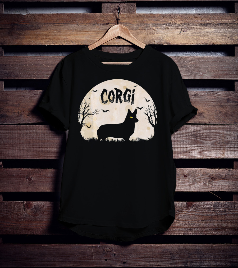 Corgi Halloween Horror Silhouette With Moon And Bats T-Shirt