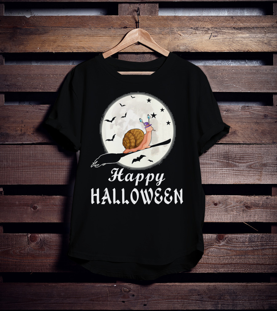 Happy Halloween Snail Riding Broomstick With Full Moon And Bats T-Shirt