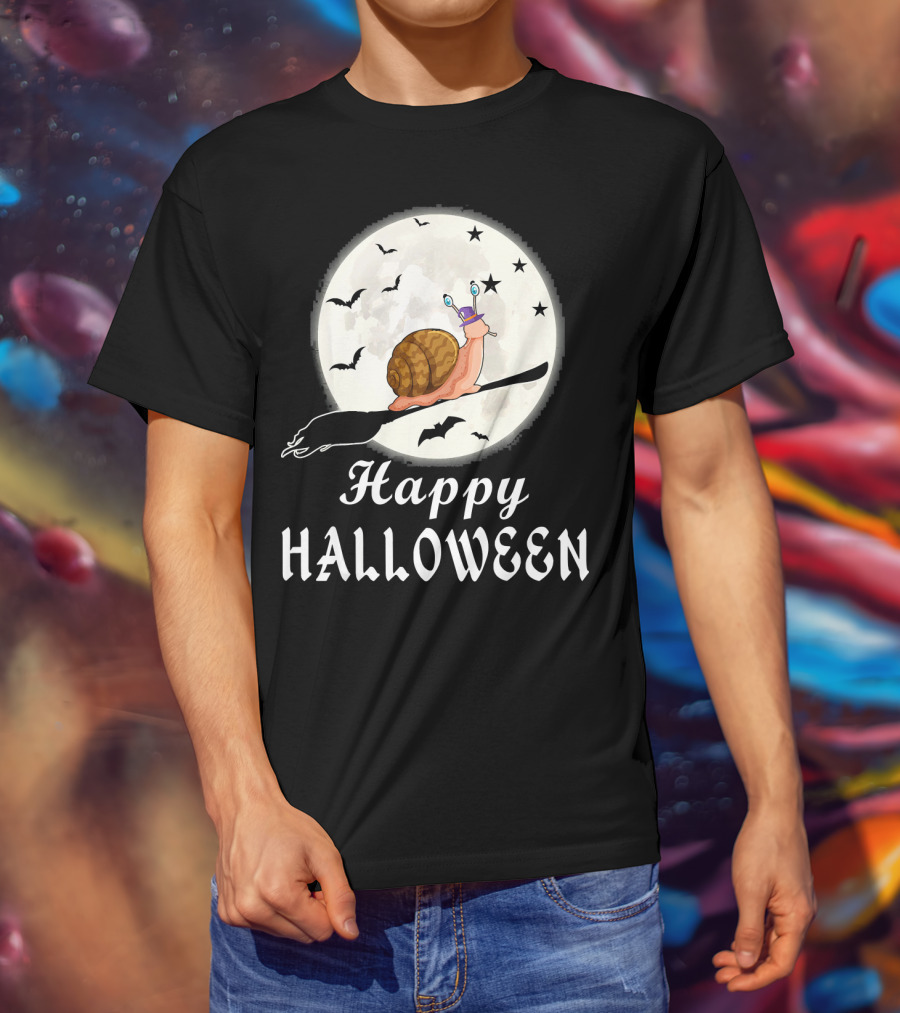 Happy Halloween Snail Riding Broomstick With Full Moon And Bats T-Shirt