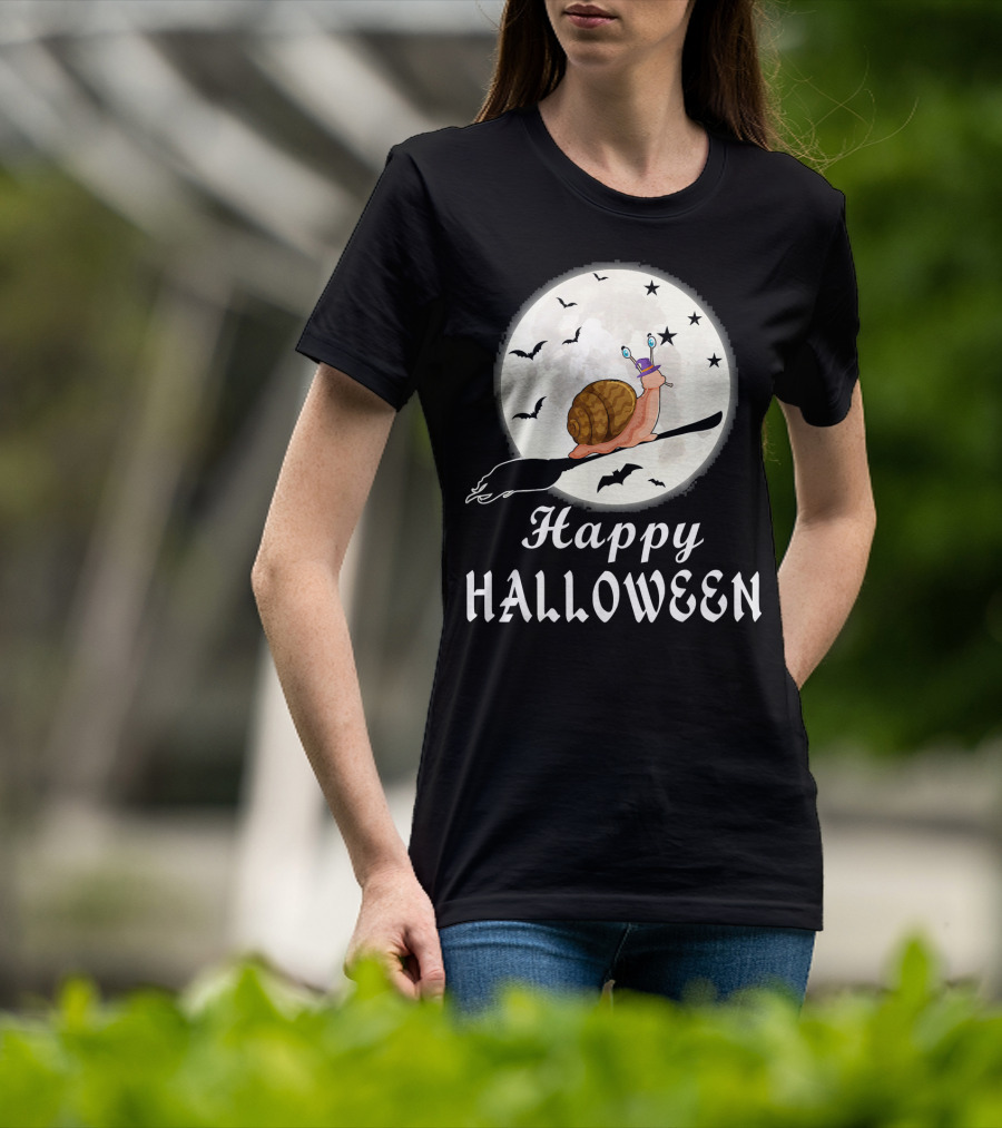 Happy Halloween Snail Riding Broomstick With Full Moon And Bats T-Shirt
