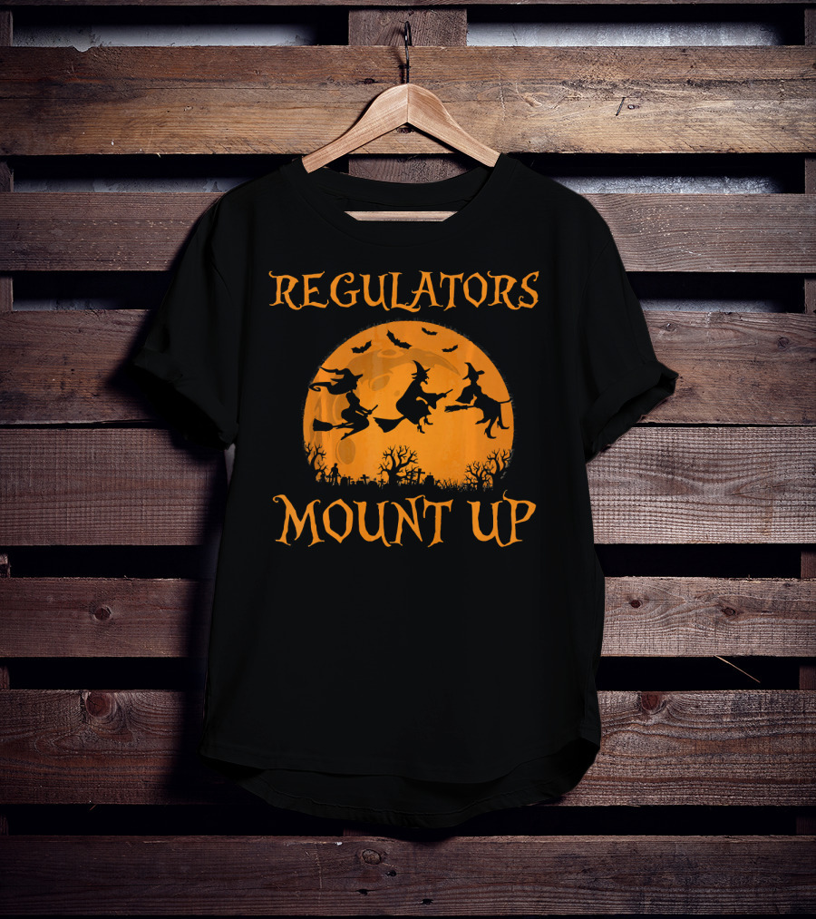 Regulators Mount Up Halloween Witch Flying Broomsticks Moon Scene T-Shirt