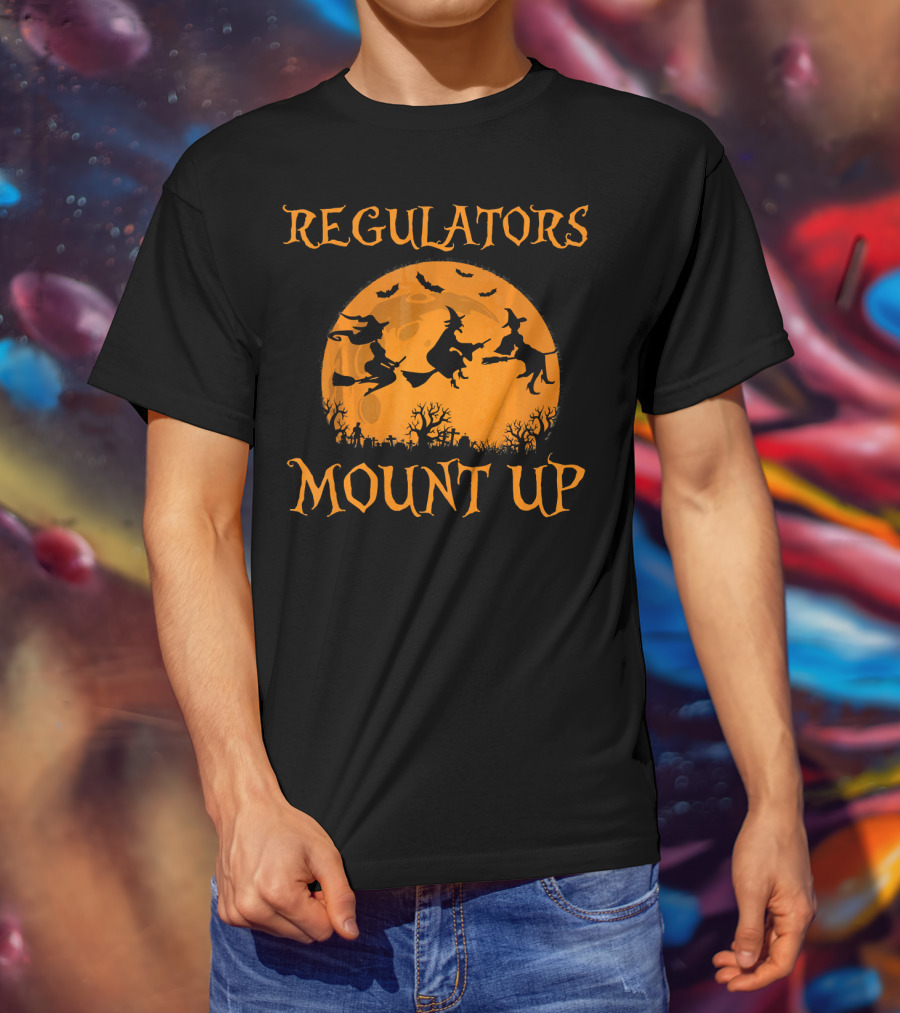 Regulators Mount Up Halloween Witch Flying Broomsticks Moon Scene T-Shirt