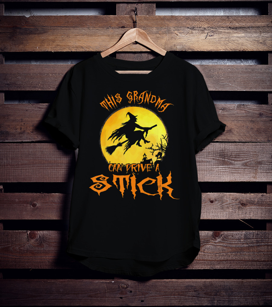This Grandma Can Drive A Stick Witch Silhouette Flying Broomstick Full Moon Halloween Scene T-Shirt