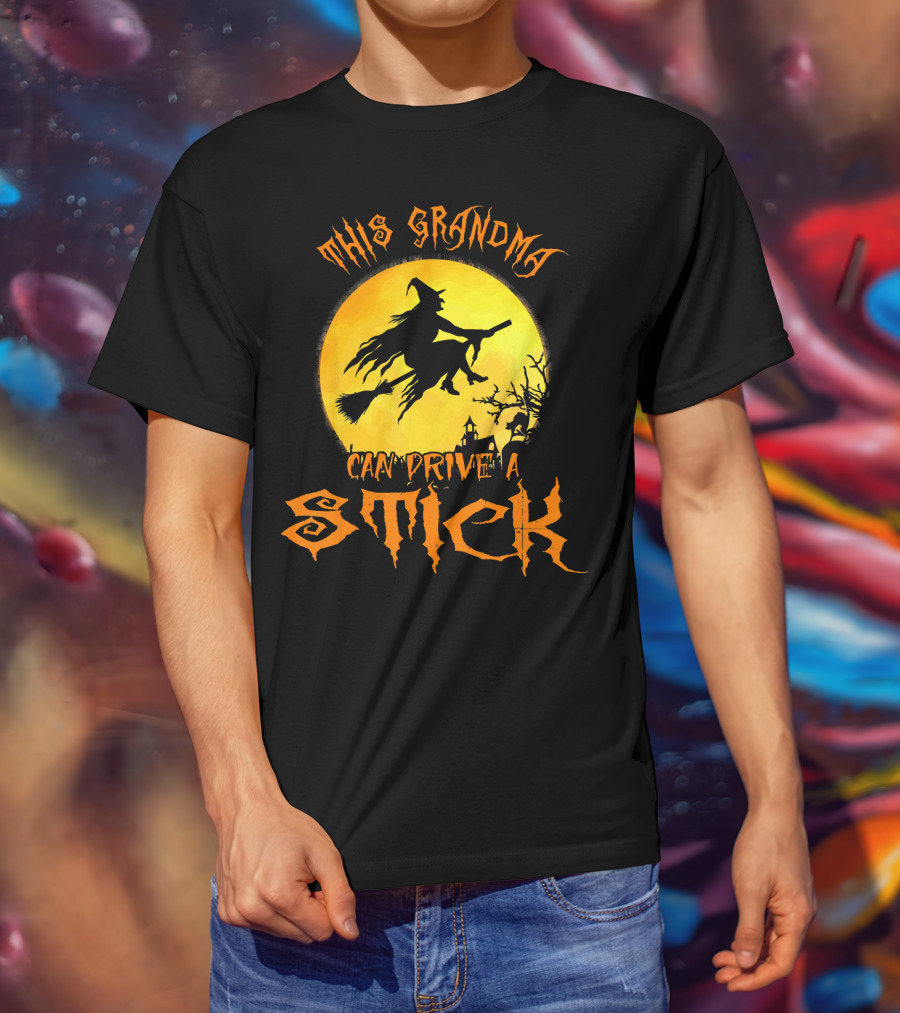 This Grandma Can Drive A Stick Witch Silhouette Flying Broomstick Full Moon Halloween Scene T-Shirt