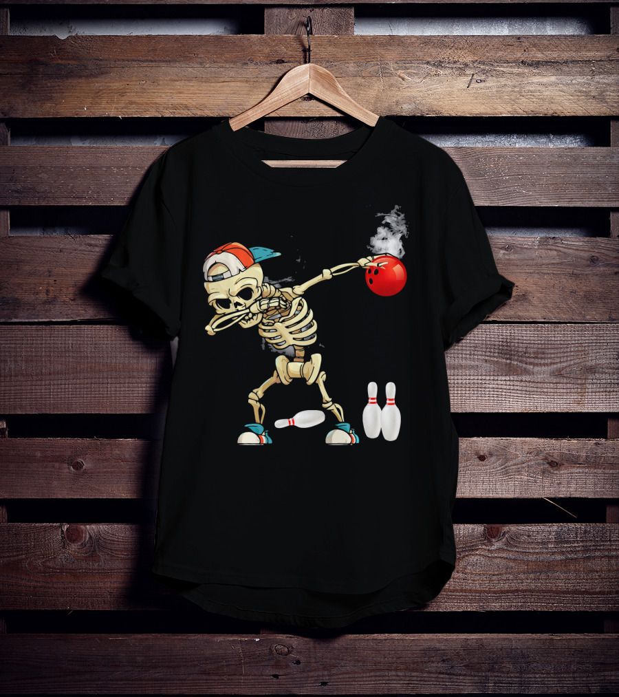 Dabbing Skeleton Holding Red Bowling Ball With Pins T-Shirt