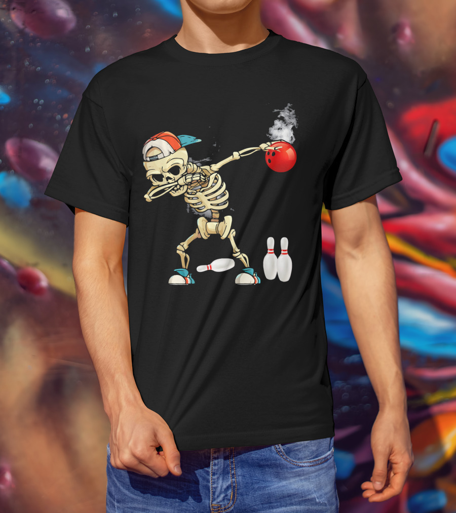 Dabbing Skeleton Holding Red Bowling Ball With Pins T-Shirt