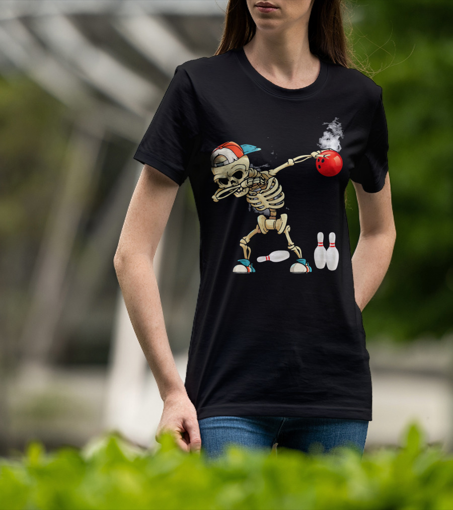 Dabbing Skeleton Holding Red Bowling Ball With Pins T-Shirt