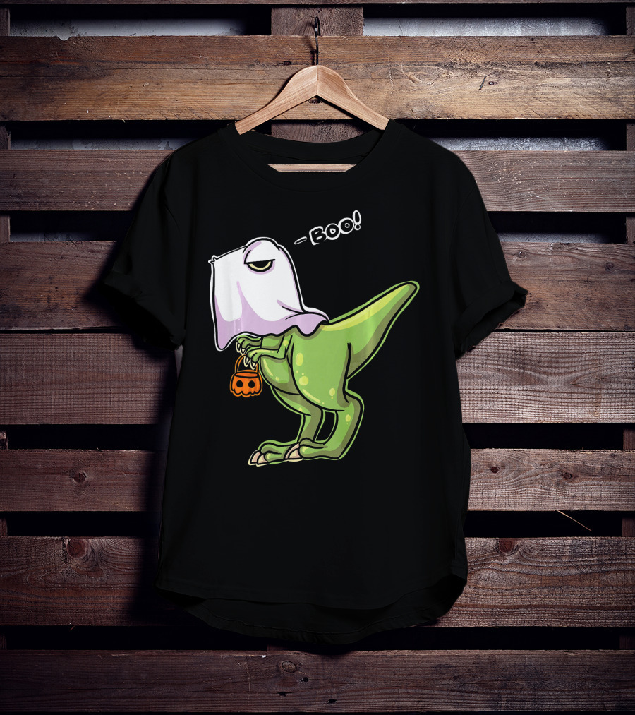 Funny Dinosaur Dressed As Halloween Ghost With Boo Text And Pumpkin T-Shirt